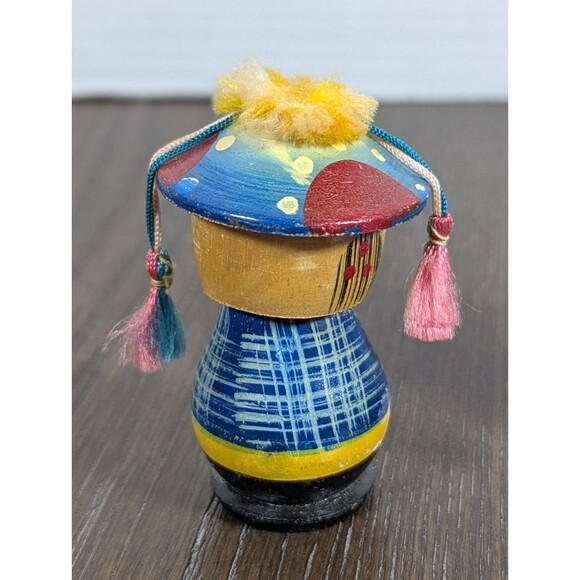VTG Japanese Kokeshi Bobble Head Wooden Dolls Figures Red Blue 3 Inches Set Of 2 - Picture 4 of 10
